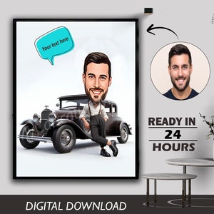 Custom Business Man with Luxury Car Caricature Personalized Old Model Car Portrait Gift for Him. Success Celebration, Luxury Lifestyle Art