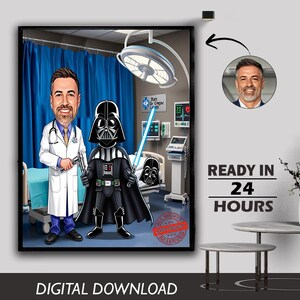 Caricatura personalizada de médico masculino, herói médico, médico especialista, zelador, retrato de médico, presente de aniversário, download digital