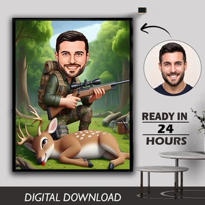 Bespoke Caricature Hunter Cartoon Portrait, Custom Hunter Caricature Drawing from Photo, Funny Hunter Caricature, Gift for Hunters