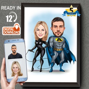 Personalisiertes Paar Superhero Cartoon Portrait, benutzerdefinierte Superheld-Karikaturzeichnung vom Foto, lustige Superheld-Karikatur, Geschenk für ihn