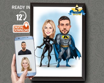 Caricatura personalizada de pareja de superhéroes: Retrato personalizado (descarga digital)