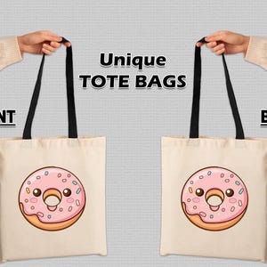 Bonita bolsa de lona con forma de donut rosa, diseño kawaii, reutilizable y ecológica, ideal para amantes de la comida.