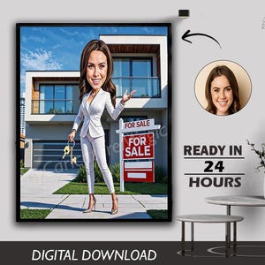 Ladies Caricature Gift for a Realtor, Custom Female Real Estate Agent Caricature Portrait, House Manager Property Dealer Digital Download