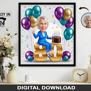 Personalized 80th Birthday Gift for Women, Funny Milestone Birthday, Custom Portrait or Caricature, Unique 80th Celebration Present