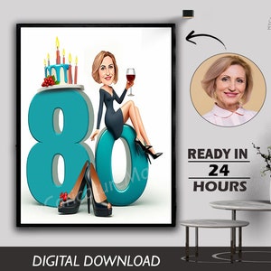 80th Birthday Personalized Caricature Gift Custom Illustration Unique Milestone Celebration Fun & Memorable Keepsake can Create for any age