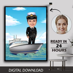 Personalized Female Ship Captain in Beach with Ship Captain Gift Ship Operator ,Caricature from Photo Photo to Cartoon Birthday Gift