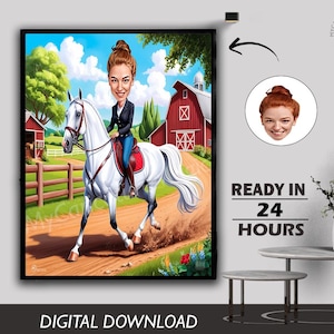 Ladies Female Horse Pony Rider Horsewoman Galloping Girl Pet Animal Caretaker Lover Caricature Photo to Cartoon Digital Download Gift Art
