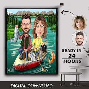 Custom Couple Fishing, Couple Fishing Together, Couple Caricature, Gift For Couple, Portrait Caricature, Birthday Gift