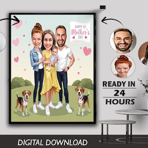 Custom Mother's Love Family Pet Dog Cartoon Caricature Portrait Gift Exaggerated family sketch Cartoon New Family artwork Stylized Humorous