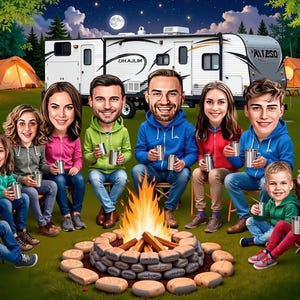 Personalized Caricature Of Family Vacations Picnic Outing Open Air Gathering Campfire BBQ Party Celebrating Family Birthday Couples Photo