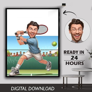 Retrato de caricatura de jugador de tenis masculino para niños, caricatura de tenis, regalo para entrenador de tenis, caricatura de tenis, caricatura personalizada a partir de regalo con foto