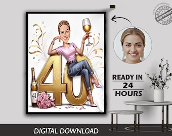 40th Female Birthday Caricature Gift Custom Personalized Illustration Unique Milestone Celebration Fun Memorable Keepsake Create for any age
