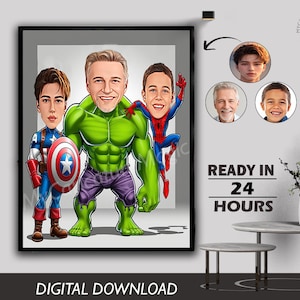 Custom Superhero Dad Photo to Cartoon Caricature Portrait Superhero Family Gift for  Custom Dad and 2 Kids Superhero Caricature Cartoon
