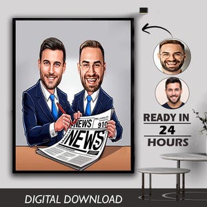 Agente de noticias masculino, presentador de noticias, editor de noticias, presentador de televisión, caricatura de retrato divertido, foto de dibujos animados, descarga digital, caricatura, regalo de cumpleaños