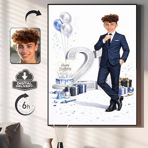 Custom 21st Birthday Caricature Portrait, Personalized Photo Illustration (Digital Download)