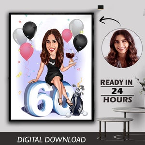 60th Birthday Caricature Gift Custom Personalized Illustration Unique Milestone Celebration Fun & Memorable Keepsake can Create for any age