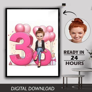 Girls Female 30th Birthday Caricature Gift Custom Illustration Unique Milestone Celebration Fun & Memorable Keepsake can Create for any age