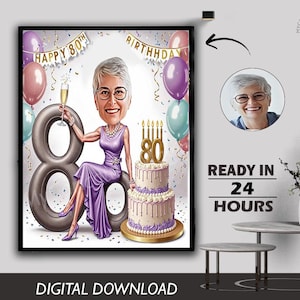 Caricatura personalizzata per l'80° compleanno, regalo personalizzato, celebrazione unica di un traguardo, ricordo divertente e memorabile, può essere creato per qualsiasi età