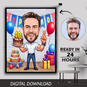 Cadeau caricature personnalisé pour 40e anniversaire Illustration personnalisée Célébration d'un jalon unique, amusant et souvenir mémorable à créer pour tous les âges