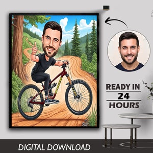 Caricature personnalisée d'un homme cadeau caricature de coureur de vélo tout-terrain pour cycliste Photo à dessin animé en téléchargement numérique