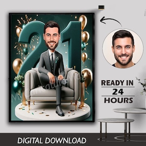Cadeau caricature de 21e anniversaire Illustration personnalisée personnalisée Célébration d'un jalon unique Cadeau d'anniversaire souvenir amusant et mémorable