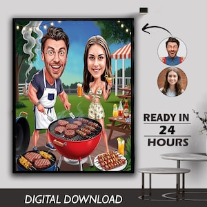 Custom Couple Partner Picnic Outing Garden Party Barbecue BBQ Caricature Photo Open air gathering Gift Family Caricature Digital Download