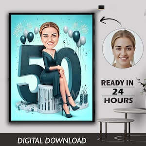 50th Birthday Caricature Gift Custom Personalized Illustration Unique Milestone Celebration Fun & Memorable Keepsake can Create for any age