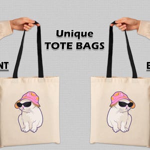 Cool Cat Tote Bag Funny Cat Wearing Bucket Hat Trendy Cotton Eco Tote Aesthetic Cat Lover Gift, Gift on birthday, Gift for cat lovers