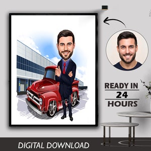 Custom Business Man with Luxury Car Caricature - Personalized Executive Portrait Gift for Him. Success Celebration, Luxury Lifestyle Art