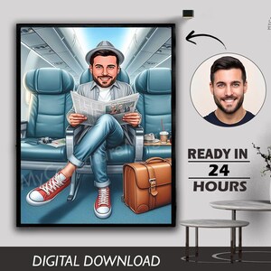 Male Vacation Travelling By Air Aeroplane Airport Caricature Art Custom Holiday Funny Travel Cartoon Gifts Digital Download Photo Retirement
