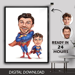 Kundenspezifische Karikatur von Sibling in der Superheldenkarikatur Vatersohnspinnen-Supermannkarikatur vom Foto, einzigartiges Geschenk für Geburtstag, Jubiläum