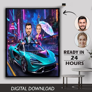 Bespoke Caricature Happy couple enjoying a street ride in a car love couple couple gift photo to Cartoon portrait Caricature birthday gift