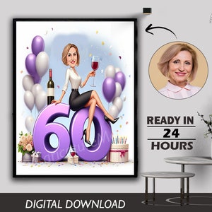 60th Birthday Caricature Gift Custom Personalized Illustration Unique Milestone Celebration Fun & Memorable Keepsake can Create for any age