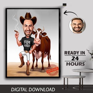 Custom Male Cowboy Funny Caricature Portrait Wild Cow Cartoon Personalized Canvas from your photo Cowboy or Cowgirl Animal Lover Horse Gift