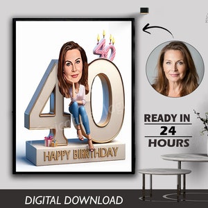 Cadeau caricature sur mesure pour 40e anniversaire Illustration personnalisée Célébration d'un jalon unique, amusant et souvenir mémorable à créer pour tous les âges
