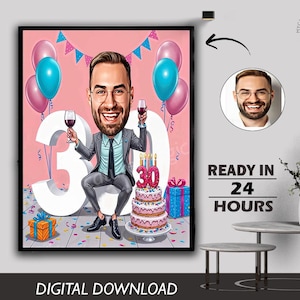 Aangepast cadeau karikatuur 30e verjaardag Custom gepersonaliseerde unieke mijlpaalviering Leuk en gedenkwaardig aandenken voor elke leeftijd