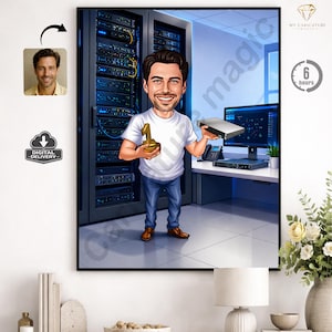 May include: Digital caricature of a man in a server room holding a gold number one trophy and a server. The image includes a portrait, a digital delivery icon, and a 6-hour turnaround time graphic.