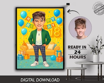 Custom 18th Birthday Caricature for Boy | Funny Portrait from Photo | Personalized Gift | Digital Download