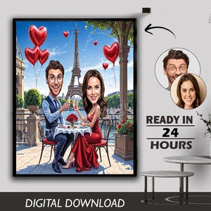 Custom Loving Couple Caricature Male Female Dating Holiday Outing Party Dinking Partner Open air Dinner Digital Download Photo to Cartoon