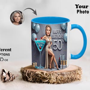 Female Girls 50th Birthday Caricature Stylish Mug Ladies Your Own Photo Funny Mugs Cartoon Coffee Mug Gift Girlfriend Grandma Custom Tea Cup