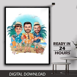 Retrato de caricatura de amigos en la playa, caricatura de 3 amigos en la playa, regalo de playa para vacaciones, caricatura digital, descarga