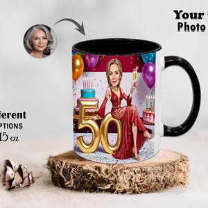 Female 50th Birthday Caricature Stylish Mug Ladies Girls Your Own Photo Funny Mugs Cartoon Coffee Mug Gift Girlfriend Grandma Custom Tea Cup