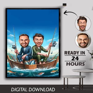 Caricatura deportiva personalizada de pesca con amigos, retrato de pesca grupal, caricatura personalizada de niño pescando para hombres, último regalo de cumpleaños de pesca