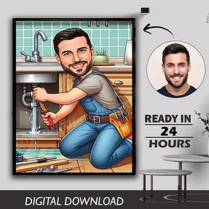 Male Boys Plumber Caricature Male Specialist Water Systems Technician Pipe Installer Plumbing Engineer Waterworks Technician Digital Gift