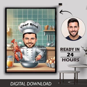 Male Indoor Restaurant Chef Caricature Culinary Master Portrait Custom Design for Professional Chefs Unique Birthday Gift Photo to Cartoon