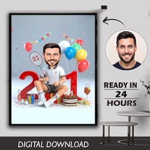 Male Boys 21st Birthday Caricature Gift Custom Personalized Illustration Digital Download Photo to Cartoon Special can Create for any age