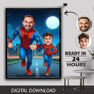 Vaters Karikatur von Geschwister in Superhelden-Karikatur Vater Sohn Spinne Super Man Cartoon vom Foto, einzigartiges Geschenk zum Geburtstag, Jubiläum