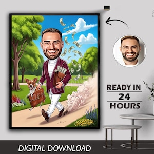 Uomo che cammina facendo jogging divertendosi nel parco Uomini e cane Animale domestico che camminano nel parco Ritratto Caricatura Design Regalo di compleanno Foto in cartone animato Download digitale