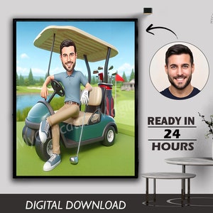 Custom Golfer Cart Caricature from Photo, Funny Golfer Drawing Art, Funny Golfer Digital Portrait, Golfer Cartoon Drawing, Men Golf Gift