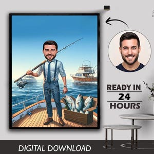 Jungen männlich Angeln Sport Karikatur Foto Cartoon Portrait Fischer Wasser Fisch Männer Digitaler Download Angeln Foto spezielles Geburtstagsgeschenk